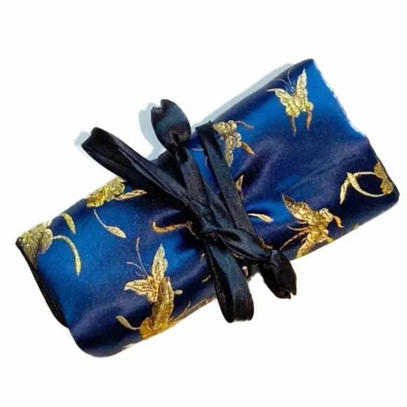 2/$30 VINTAGE Blue/Gold Butterflies Satin Jewellery Roll - Picture 1 of 12